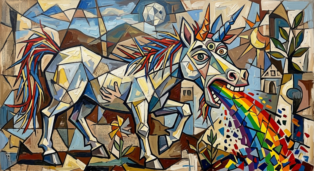 Gemini Unicorn vomiting rainbows in the style of Picasso