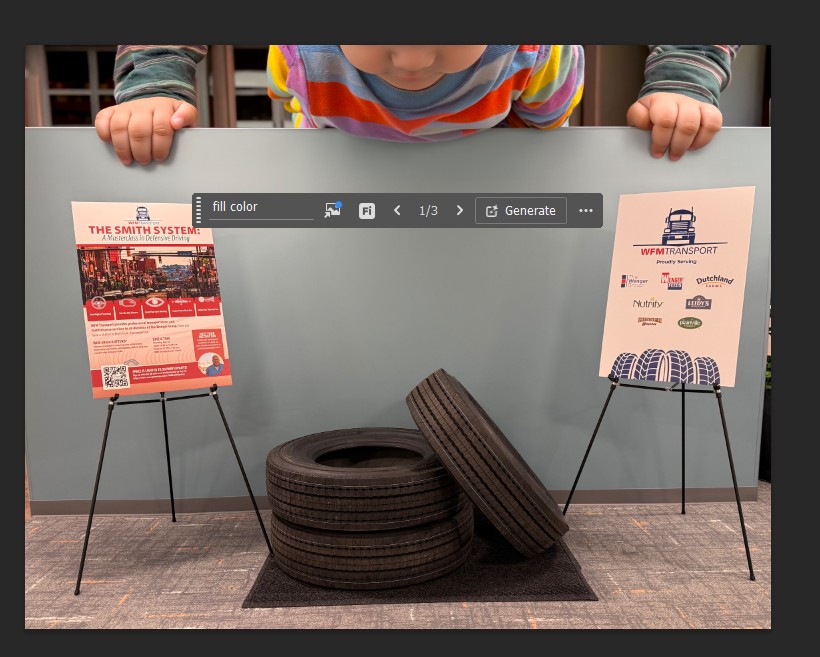 Ai image from firefly of giant baby peaking over a wall. 